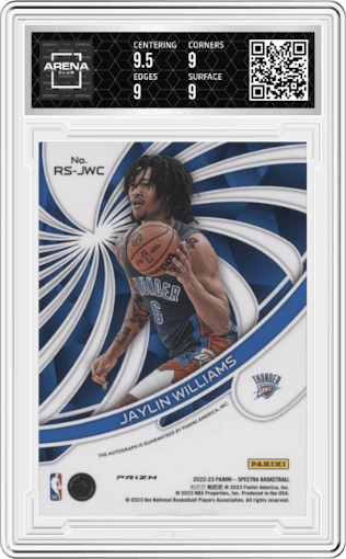 Jaylin Williams from the 2022-23 Panini Spectra set featuring a Asia parallel graded by Arena Club and given an overall grade of 9.