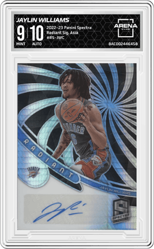 Jaylin Williams from the 2022-23 Panini Spectra set featuring a Asia parallel graded by Arena Club and given an overall grade of 9.