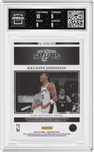 Keldon Johnson from the 2022-23 Panini Noir set graded by Arena Club and given an overall grade of 9.5.