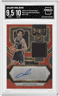 Jalen Wilson  from the 2023-24 Panini Select  set featuring a Red Wave Prizm parallel graded by Arena Club and given an overall grade of 9.5.