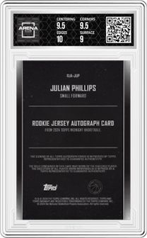 Julian Phillips from the 2023-24 Topps Midnight set featuring a Dusk parallel graded by Arena Club and given an overall grade of 9.5.