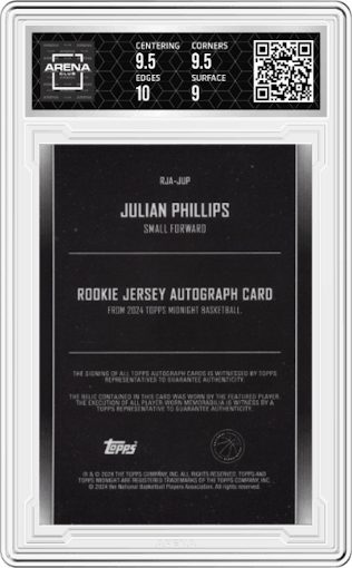 Julian Phillips from the 2023-24 Topps Midnight set featuring a Dusk parallel graded by Arena Club and given an overall grade of 9.5.