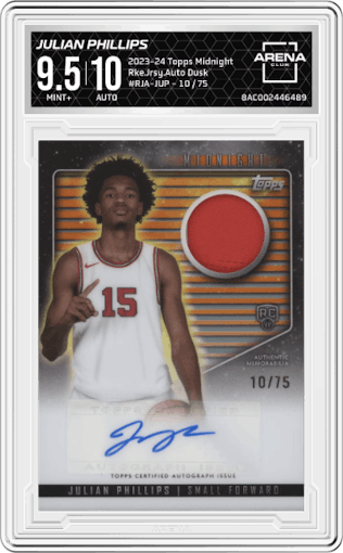 Julian Phillips from the 2023-24 Topps Midnight set featuring a Dusk parallel graded by Arena Club and given an overall grade of 9.5.