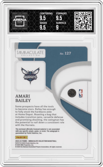 Amari Bailey from the 2023-24 Panini Immaculate Collection set featuring a Red  parallel graded by Arena Club and given an overall grade of 9.5.