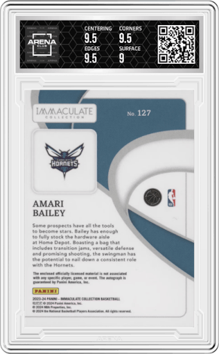Amari Bailey from the 2023-24 Panini Immaculate Collection set featuring a Red  parallel graded by Arena Club and given an overall grade of 9.5.