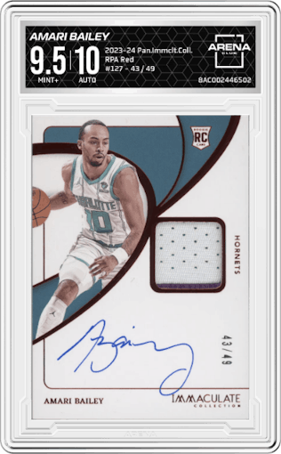 Amari Bailey from the 2023-24 Panini Immaculate Collection set featuring a Red  parallel graded by Arena Club and given an overall grade of 9.5.