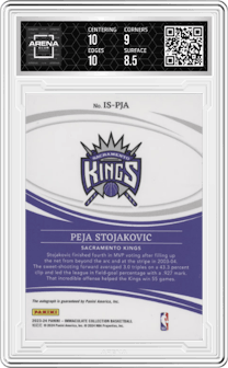 Peja Stojakovic from the 2023-24 Panini Immaculate Collection set graded by Arena Club and given an overall grade of 9.