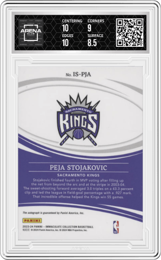 Peja Stojakovic from the 2023-24 Panini Immaculate Collection set graded by Arena Club and given an overall grade of 9.
