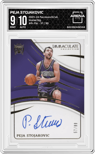 Peja Stojakovic from the 2023-24 Panini Immaculate Collection set graded by Arena Club and given an overall grade of 9.