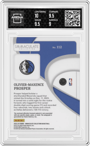 Olivier-Maxence Prosper from the 2023-24 Panini Immaculate Collection set graded by Arena Club and given an overall grade of 9.5.