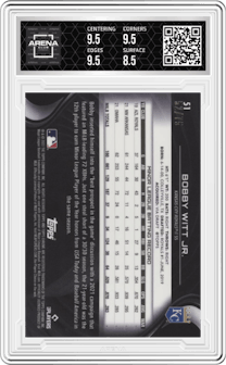 Bobby Witt Jr. from the 2022 Topps Chrome Black set featuring a Blue Refractor parallel graded by Arena Club and given an overall grade of 9.