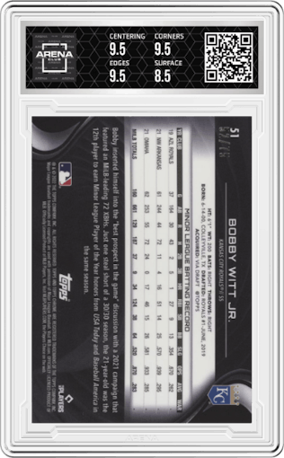 Bobby Witt Jr. from the 2022 Topps Chrome Black set featuring a Blue Refractor parallel graded by Arena Club and given an overall grade of 9.