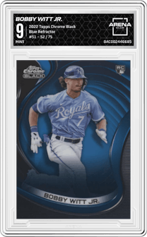 Bobby Witt Jr. from the 2022 Topps Chrome Black set featuring a Blue Refractor parallel graded by Arena Club and given an overall grade of 9.