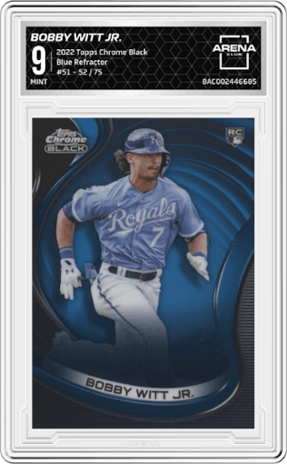 Bobby Witt Jr. from the 2022 Topps Chrome Black set featuring a Blue Refractor parallel graded by Arena Club and given an overall grade of 9.