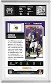 Jordan Addison from the 2023 Panini Contenders Optic set featuring a Teal parallel graded by Arena Club and given an overall grade of 9.5.