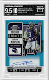 Jordan Addison from the 2023 Panini Contenders Optic set featuring a Teal parallel graded by Arena Club and given an overall grade of 9.5.