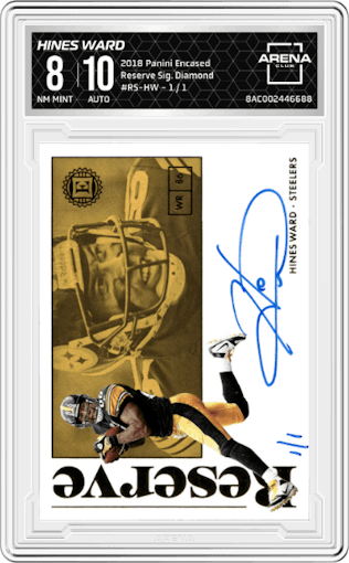 Hines Ward from the 2018 Panini Encased set featuring a Diamond parallel graded by Arena Club and given an overall grade of 8.