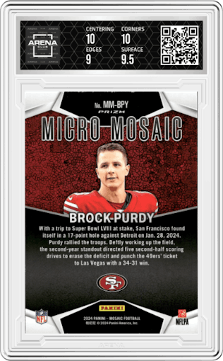 Brock Purdy from the 2024 Panini Mosaic set graded by Arena Club and given an overall grade of 9.5.