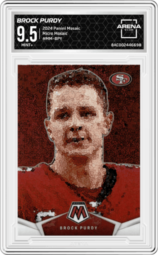 Brock Purdy from the 2024 Panini Mosaic set graded by Arena Club and given an overall grade of 9.5.