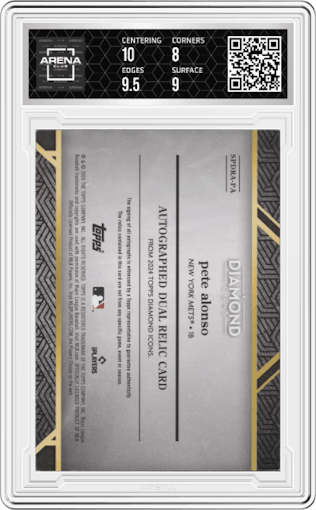 Pete Alonso from the 2024 Topps Diamond Icons set featuring a Red  parallel graded by Arena Club and given an overall grade of 8.5.