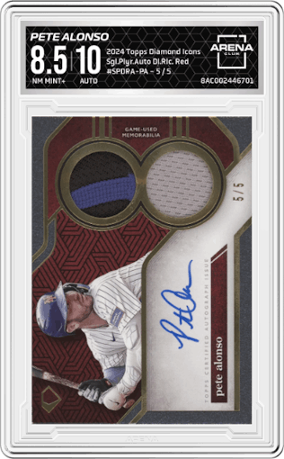 Pete Alonso from the 2024 Topps Diamond Icons set featuring a Red  parallel graded by Arena Club and given an overall grade of 8.5.