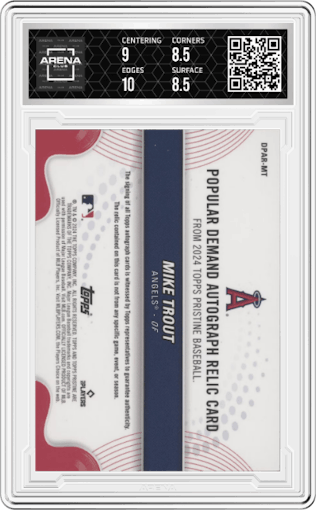 Mike Trout from the 2024 Topps Pristine set graded by Arena Club and given an overall grade of 9.