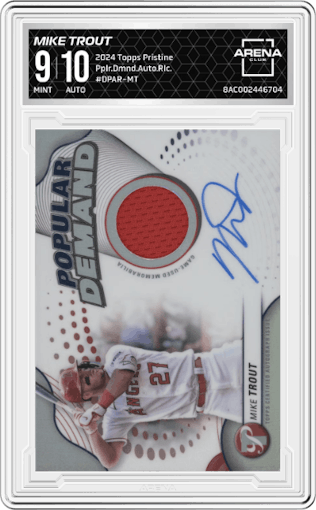 Mike Trout from the 2024 Topps Pristine set graded by Arena Club and given an overall grade of 9.