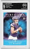 J.J. McCarthy from the 2024 Panini Origins set featuring a Turquoise parallel graded by Arena Club and given an overall grade of 9.