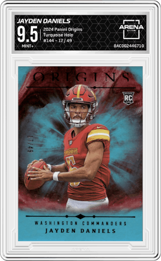 Jayden Daniels from the 2024 Panini Origins set featuring a Turquoise Holo  parallel graded by Arena Club and given an overall grade of 9.5.