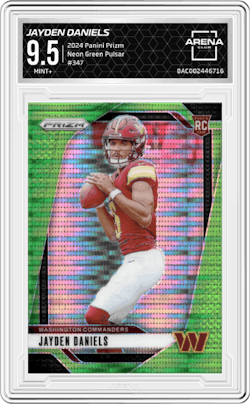 Jayden Daniels from the 2024 Panini Prizm set featuring a Neon Green Pulsar  parallel and given an overall grade of 9.5.