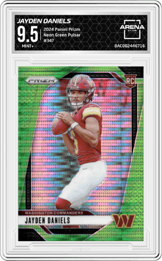 Jayden Daniels from the 2024 Panini Prizm set featuring a Neon Green Pulsar  parallel graded by Arena Club and given an overall grade of 9.5.