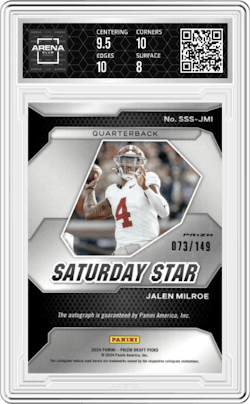 Jalen Milroe from the 2024 Panini Prizm Draft Picks set featuring a Blue parallel and given an overall grade of 8.5.