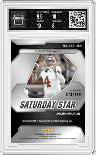 Jalen Milroe from the 2024 Panini Prizm Draft Picks set featuring a Blue parallel graded by Arena Club and given an overall grade of 8.5.
