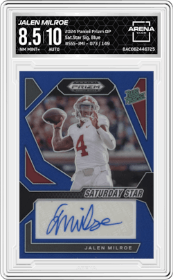 Jalen Milroe from the 2024 Panini Prizm Draft Picks set featuring a Blue parallel and given an overall grade of 8.5.