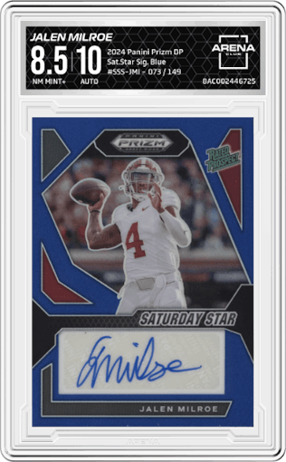 Jalen Milroe from the 2024 Panini Prizm Draft Picks set featuring a Blue parallel graded by Arena Club and given an overall grade of 8.5.