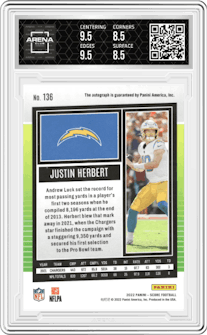 Justin Herbert from the 2022 Panini Score set graded by Arena Club and given an overall grade of 9.