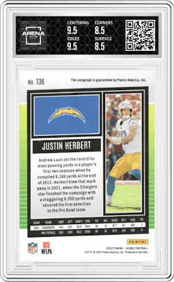 Justin Herbert from the 2022 Panini Score set and given an overall grade of 9.