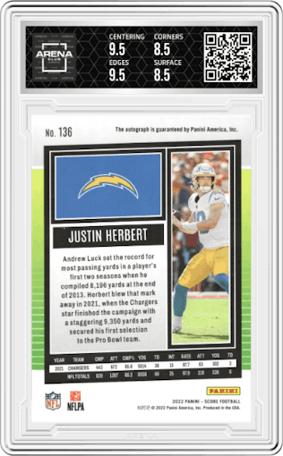 Justin Herbert from the 2022 Panini Score set graded by Arena Club and given an overall grade of 9.