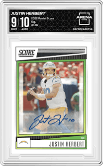 Justin Herbert from the 2022 Panini Score set graded by Arena Club and given an overall grade of 9.