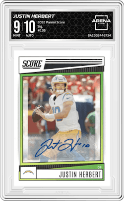 Justin Herbert from the 2022 Panini Score set and given an overall grade of 9.
