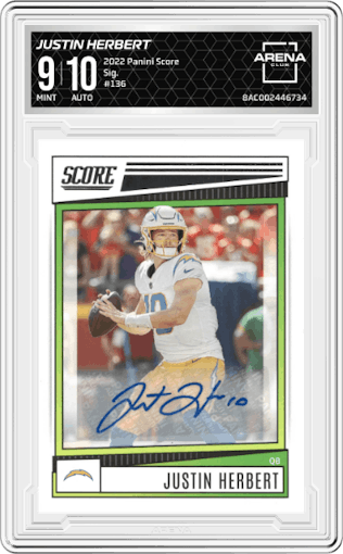 Justin Herbert from the 2022 Panini Score set graded by Arena Club and given an overall grade of 9.