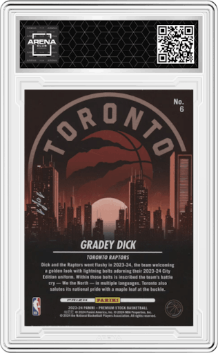 Gradey Dick from the 2023-24 Panini Hoops Premium Stock set featuring a Gold Vinyl parallel graded by Arena Club.