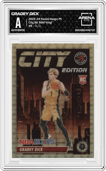 Gradey Dick from the 2023-24 Panini Hoops Premium Stock set featuring a Gold Vinyl parallel graded by Arena Club.