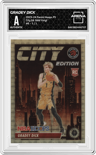 Gradey Dick from the 2023-24 Panini Hoops Premium Stock set featuring a Gold Vinyl parallel graded by Arena Club.