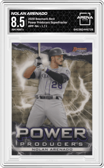 Nolan Arenado from the 2020 Bowman’s Best set featuring a SuperFractor parallel graded by Arena Club and given an overall grade of 8.5.