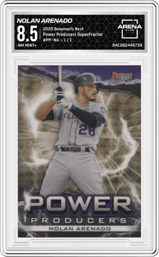 Nolan Arenado from the 2020 Bowman’s Best set featuring a SuperFractor parallel graded by Arena Club and given an overall grade of 8.5.