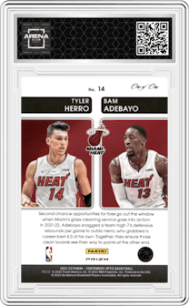 Tyler Herro/Bam Adebayo from the 2021-22 Panini Contenders Optic set featuring a Gold Vinyl parallel graded by Arena Club.