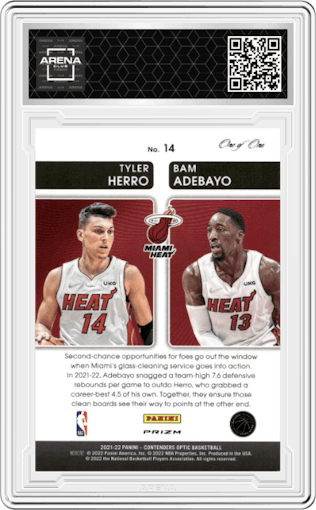 Tyler Herro/Bam Adebayo from the 2021-22 Panini Contenders Optic set featuring a Gold Vinyl parallel graded by Arena Club.