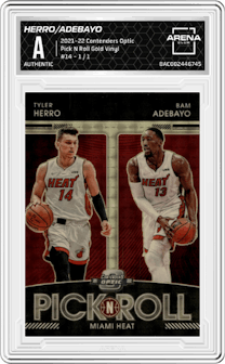 Tyler Herro/Bam Adebayo from the 2021-22 Panini Contenders Optic set featuring a Gold Vinyl parallel graded by Arena Club.