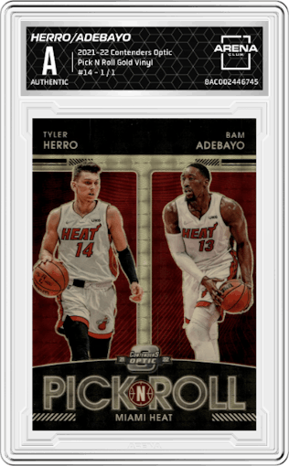 Tyler Herro/Bam Adebayo from the 2021-22 Panini Contenders Optic set featuring a Gold Vinyl parallel graded by Arena Club.